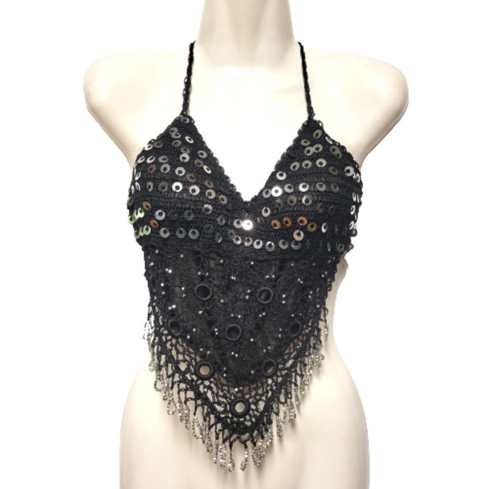 Bellydance Black Top Sequin Crop Top Sequin Top Black Halter Glitter Top - NEW